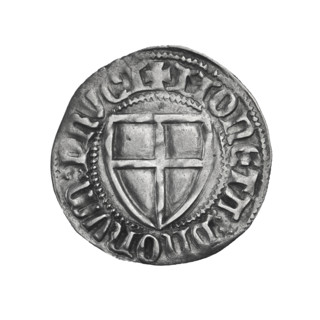 Teutonic szelag, Konrad Zöllner von Rothenstein (Grand Master; 1382–1390). Obverse: Teutonic shield