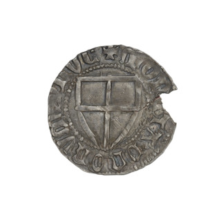 Teutonic szelag, Konrad von Jungingen (Grand Master; 1393–1407). Obverse: monastic shield of the