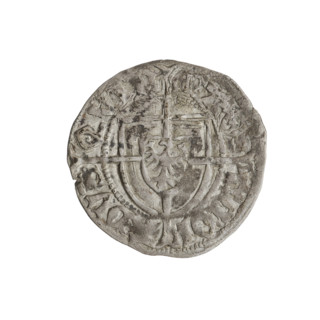 Teutonic szelag, Konrad von Erlichshausen (Grand Master; 1441–1449). Obverse: monastic shield of