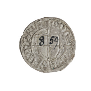 Teutonic szelag, Konrad von Erlichshausen (Grand Master; 1441–1449). Obverse: monastic shield of