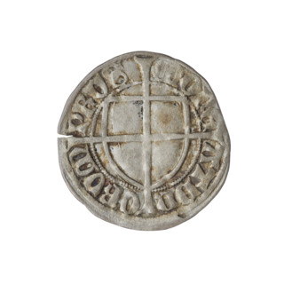 Teutonic szelag, Konrad von Erlichshausen (Grand Master; 1441–1449). Obverse: Monastic shield of