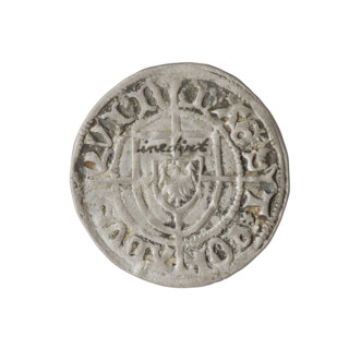Teutonic szelag, Konrad von Erlichshausen (Grand Master; 1441–1449). Obverse: monastic shield of