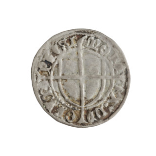 Teutonic szelag, Konrad von Erlichshausen (Grand Master; 1441–1449). Obverse: monastic shield of