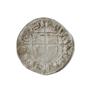 Teutonic szelag, Konrad von Erlichshausen (Grand Master; 1441–1449). Obverse: monastic shield of