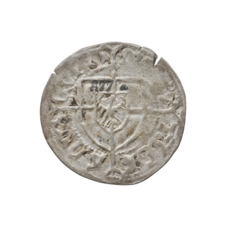 Teutonic szelag, Konrad von Erlichshausen (Grand Master; 1441–1449). Obverse: monastic shield of