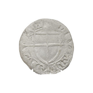 Teutonic szelag, Konrad von Erlichshausen (Grand Master; 1441–1449). Obverse: monastic shield of