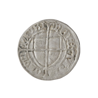 Teutonic szelag, Konrad von Erlichshausen (Grand Master; 1441–1449). Obverse: monastic shield of