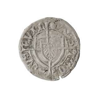 Teutonic szelag, Konrad von Erlichshausen (Grand Master; 1441–1449). Obverse: monastic shield of