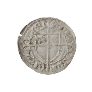 Teutonic szelag, Konrad von Erlichshausen (Grand Master; 1441–1449). Obverse: monastic shield of