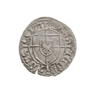 Teutonic szelag, Konrad von Erlichshausen (Grand Master; 1441–1449). Obverse: monastic shield of