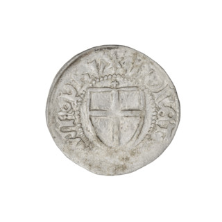 Teutonic szelag, Henryk Reuss von Plauen (Grand Master; 1467–1469). Obverse: monastic shield of the