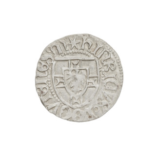 Teutonic szelag, Henryk Reuss von Plauen (Grand Master; 1467–1469). Obverse: Teutonic shield of the