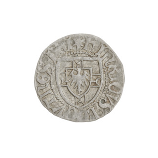 Teutonic szelag, Henryk Reuss von Plauen (Grand Master; 1467–1469). Obverse: monastic shield of the