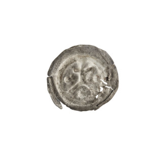 Denarius (bracteate) showing a cross on an arcade (iconographic), moon (iconographic), crescent