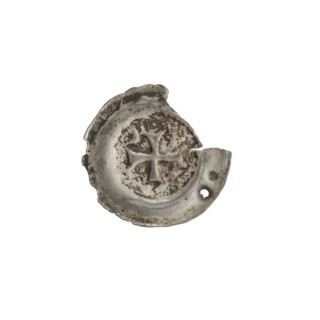 Denarius bracteate (one-sided coin) with isosceles cross with expanding, split arms; in one angle