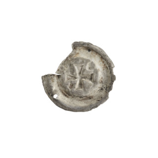 Denarius - bracteate; isosceles cross with expanding, split arms; in one angle between the arms a