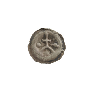 Denarius (bracteate), one-sided coin depicting a cross with widening arms supported by an arch;
