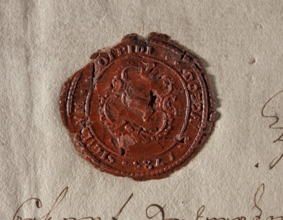Round wax impression of the seal of Dobra. On the decorative cartouche, the end. Inscription around