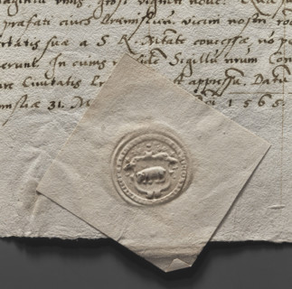 Round seal impression of the town of Przemysl, Ruthenian Voivodeship. In a decorative cartouche a