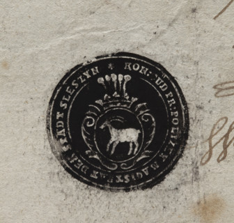 Round ink print of the seal of the town of Sleszyn. In a baroque cartouche, under an open crown