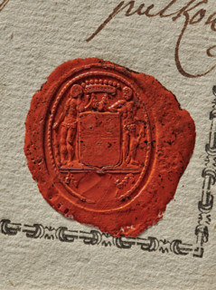 Oval wax impression of the signet seal of Colonel de Pouppart. Under the nine-baton count's crown
