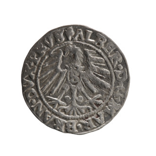 Schilling by Maciej Grosz; obverse: Prussian eagle with crowned letter S on its chest; rim