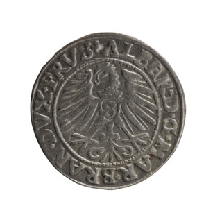 grosz, Schilling, Maciej, Albrecht Hohenzollern (Prince of Prussia; 1490-1568) - iconography,