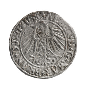 grosz, Schilling, Maciej, Albrecht Hohenzollern (Prince of Prussia; 1490-1568) - iconography,