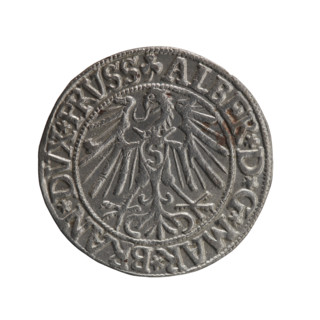 grosz, Schilling, Maciej, Albrecht Hohenzollern (Prince of Prussia; 1490–1568) — iconography:
