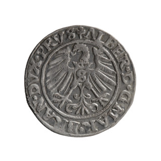 Albrecht Hohenzollern (Prince of Prussia; 1490–1568) — coin; obverse: Prussian eagle, on its chest
