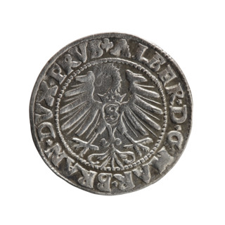 grosz, Schilling, Maciej; obverse: Prussian eagle with crowned letter S on its chest; rim