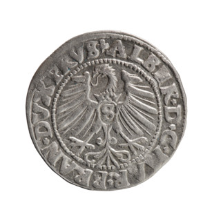 grosz, Schilling, Maciej; Albrecht Hohenzollern (Prince of Prussia; 1490–1568) — iconography: