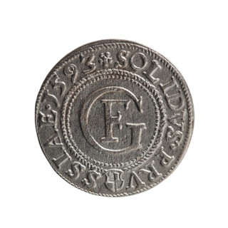 szelag (Gulden) by Pawel Gulden; Jerzy Fryderyk (Duke of Karniów; 1539–1603). Obverse: in a beaded