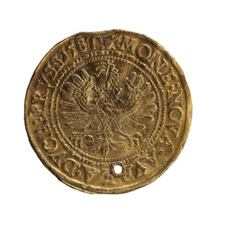 Obv. A standing figure in armour turned right with a sword at his left side, with his right hand