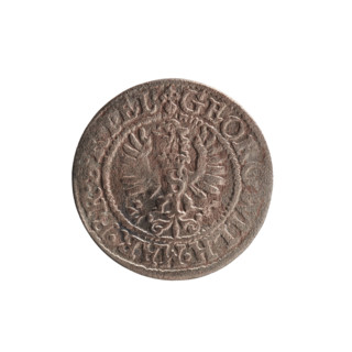 Szelag, obverse: Prussian eagle with crowned letter S on its chest; rim inscription beginning with