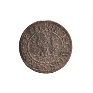 szelag, Ernest Pfahler, Prussian coin (szelag), Obv.: Prussian eagle with crowned letter S on its