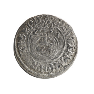 One-and-a-half coin by Ernest Pfahler. Obverse: royal orb with a cross whose arms terminate in