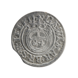 One and a half (coin). Obverse: royal orb with a cross whose arms terminate in finials; lower part
