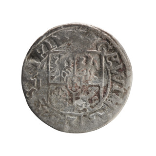 One-and-a-half coin by Ernest Pfahler. Obverse: under the ducal mitre, a five-field coat of arms