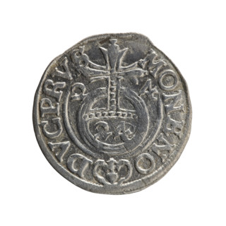 One-and-a-half coin. Obverse: Under the ducal mitre, a five-field coat of arms; below in the shield