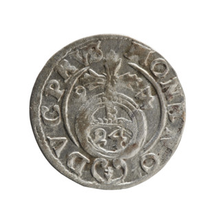 One-and-a-half coin (1624) by Ernest Pfahler. Obverse: under a ducal mitre, a five-field coat of