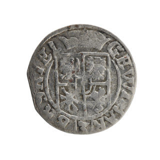One-and-a-half coin, maker Ernest Pfahler. Obverse: under a ducal mitre, a five-field heraldic