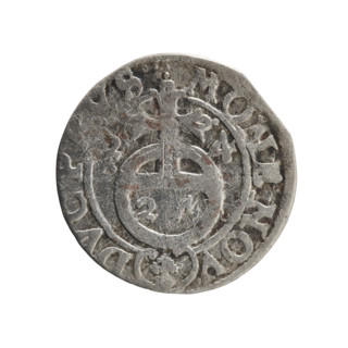 One-and-a-half coin by Ernest Pfahler. Obverse: under a ducal mitre, a five-field heraldic shield