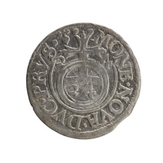 One-and-a-half coin. Obverse: under a ducal mitre, a five-field heraldic shield; below in the