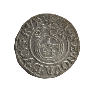 One-and-a-half groschen; maker: Ernest Pfahler. Obverse: under ducal mitre, five-field coat of arms