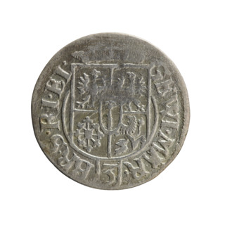 One-and-a-half coin (1624). Obverse: under a ducal mitre, five-field heraldic shield with the value