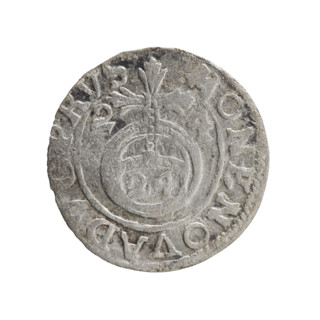 One-and-a-half (coin). Obverse: Under the ducal mitre a five-field heraldic shield; below in the
