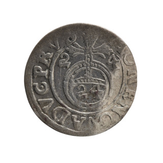 One-and-a-half coin (1624) — obverse: under a ducal mitre a five-field coat of arms with value