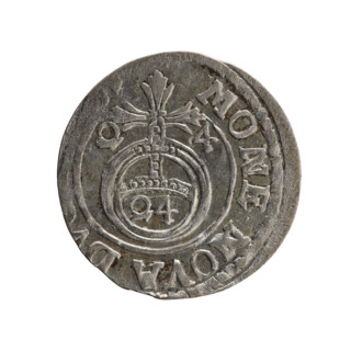 One-and-a-half (3), Ernest Pfahler. Obverse: Under a ducal mitre a five-field heraldic shield with