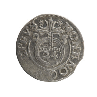 One-and-a-half (3/2) coin, Ernest Pfahler. Obverse: under ducal mitre, five-field heraldic shield